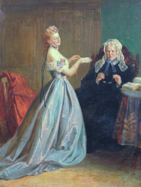 19th century English School Interior with young lady dressing, 21 x 17in.